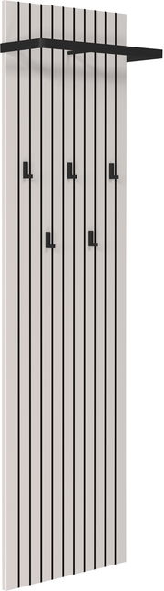 Garderobenpaneel mit vertikalen schwarzen Streifen und mehreren Haken, seitliche Perspektive