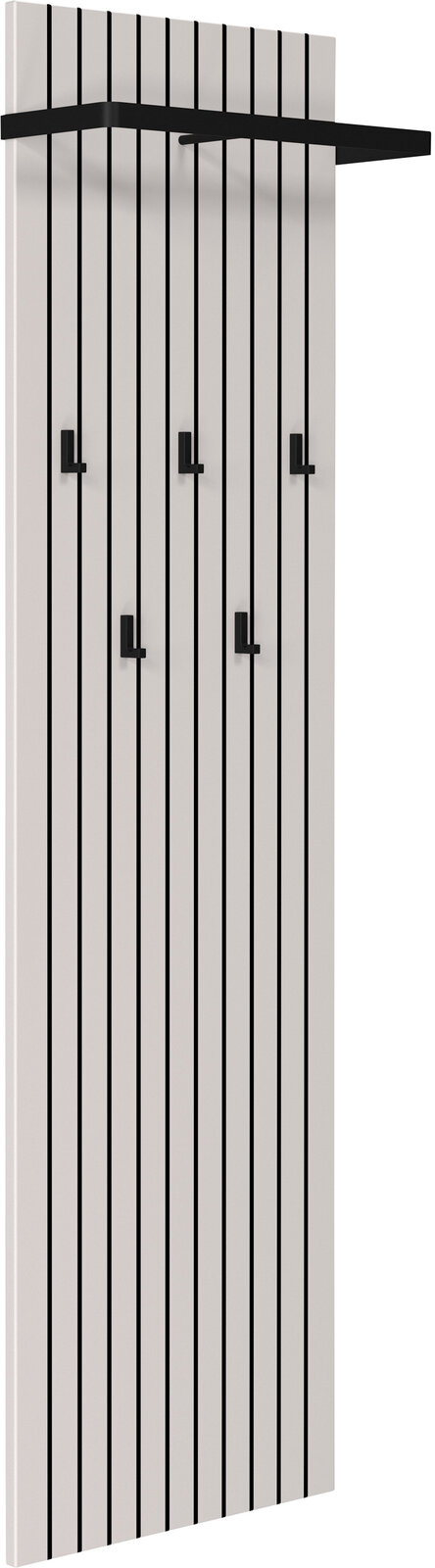 Garderobenpaneel mit vertikalen schwarzen Streifen und mehreren Haken, seitliche Perspektive