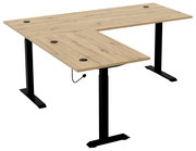 Eckschreibtisch aus Holz mit schwarzem Metallgestell, seitliche Perspektive