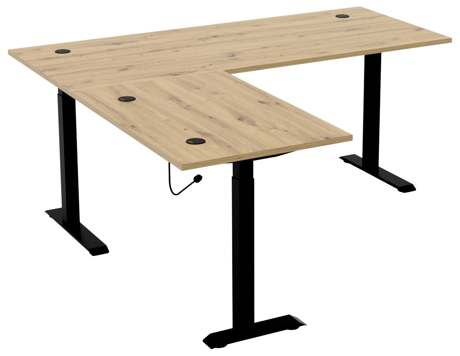 Eckschreibtisch aus Holz mit schwarzem Metallgestell, seitliche Perspektive