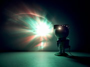 Astronautenfigur mit LED-Lichtprojektion an der Wand, seitliche Perspektive