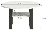 Runder Couchtisch mit weißer Tischplatte und schwarzem Gestell, Seitenansicht mit Maßen: Durchmesser 75 cm, Höhe 42 cm, Ablagehöhe 17 cm, Ablagebreite 44 cm, Ablagetiefe 32 cm.
