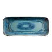 Rechteckige Keramik-Servierplatte in Blau mit reaktiver Glasur und hellblauem Zentrum, Draufsicht von oben