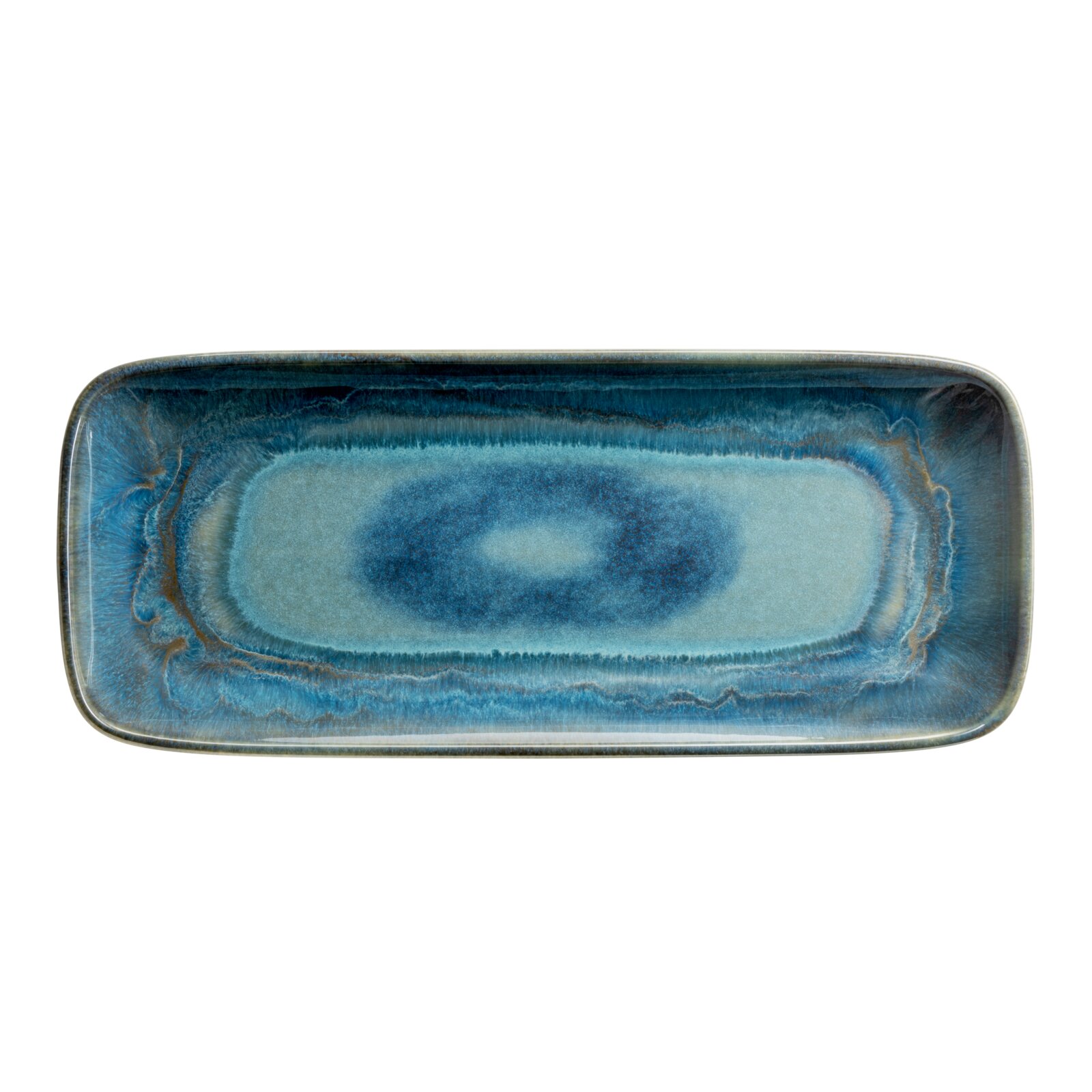 Rechteckige Keramik-Servierplatte in Blau mit reaktiver Glasur und hellblauem Zentrum, Draufsicht von oben