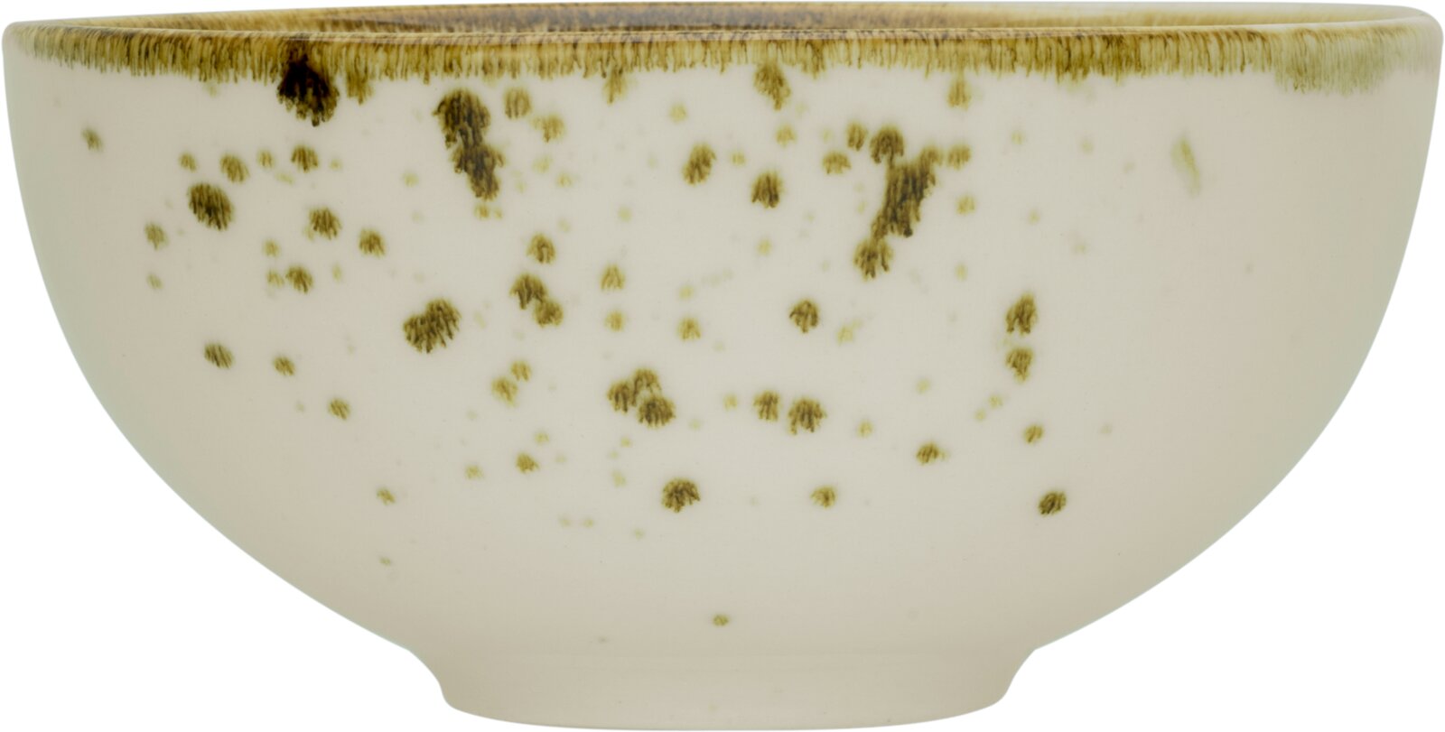 Weiße Keramikschale mit braun-grüner Sprenkelglasur und dunklem Rand, frontal in Seitenansicht vor weißem Hintergrund