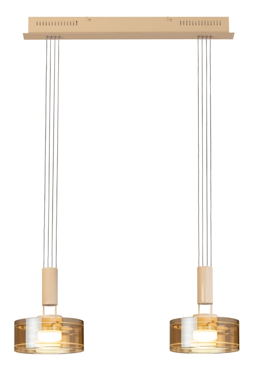 Zweiflammige Pendelleuchte mit zwei zylindrischen, amberfarbenen Glasschirmen und beigen Aufhängungen an rechteckigem Deckenbaldachin, Frontansicht