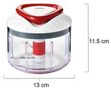 Easy Pull Universalhacker aus seitlicher Perspektive mit rotem Griff und transparentem Behälter, Maße 13 cm x 11,5 cm