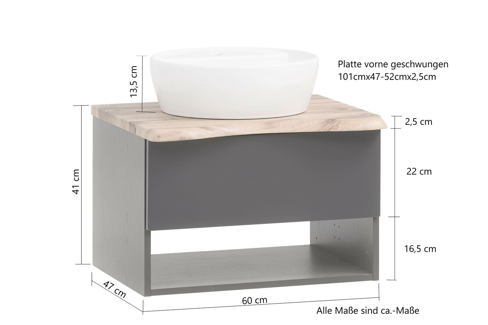 Waschtisch-Set mit weißem Aufsatzbecken auf einer geschwungenen Holzplatte, seitliche Perspektive
