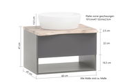 Waschtisch-Set mit weißem Aufsatzbecken auf einer geschwungenen Holzplatte, seitliche Perspektive
