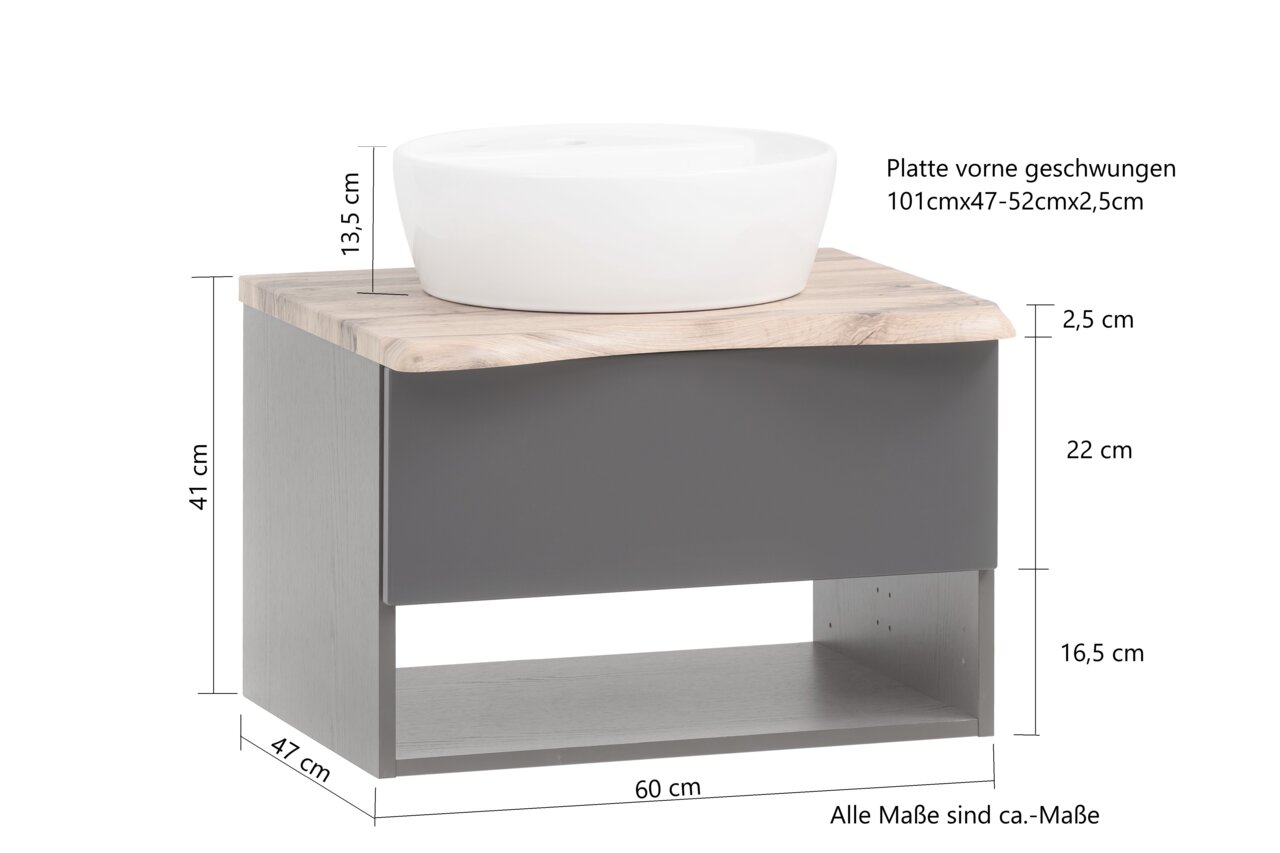 Waschtisch-Set mit weißem Aufsatzbecken auf einer geschwungenen Holzplatte, seitliche Perspektive