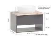 Waschtisch-Set mit weißem Aufsatzbecken auf einer geschwungenen Holzplatte, seitliche Perspektive