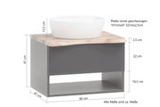 Wastafelset met witte opzetwasbak op een gebogen houten blad, zijaanzicht