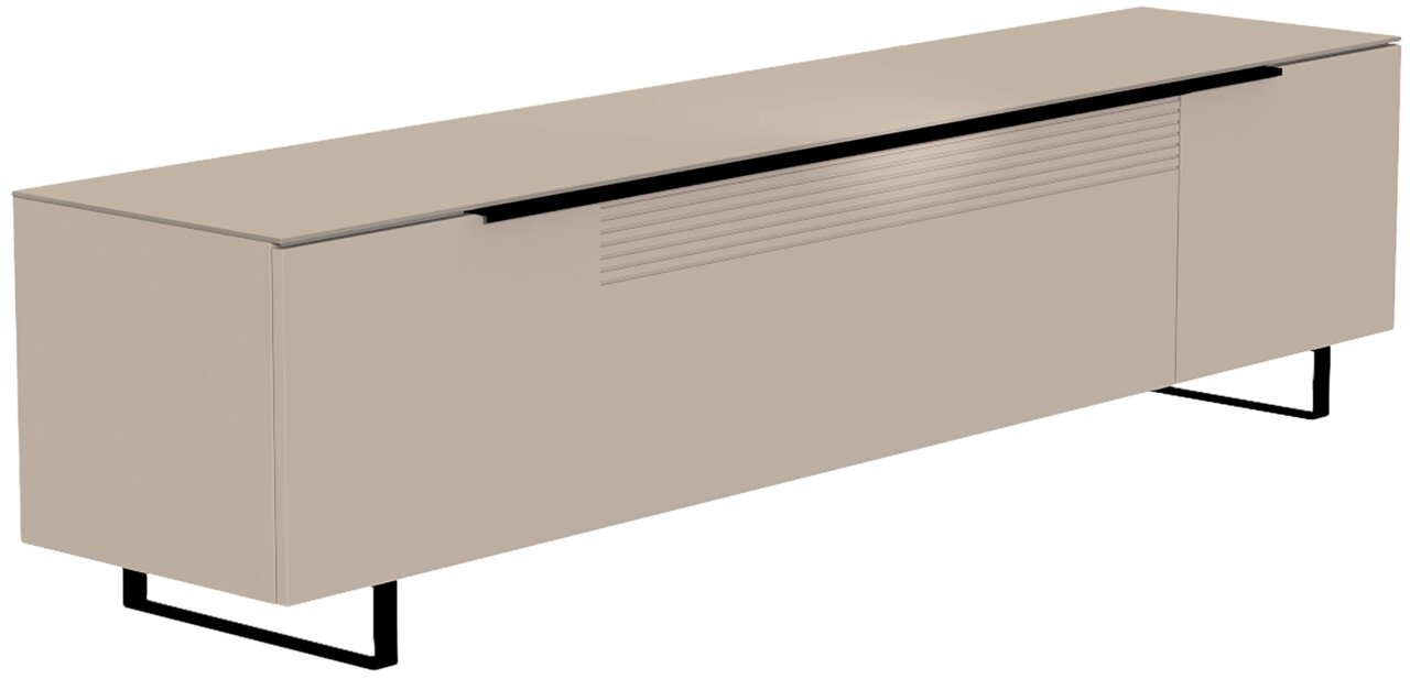 Beiges XL TV-Lowboard mit modernen schwarzen Metallbeinen, seitliche Perspektive