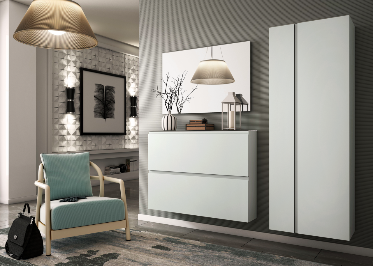 Moderne Garderobenset mit Hängeschuhschrank und Spiegel, seitliche Perspektive