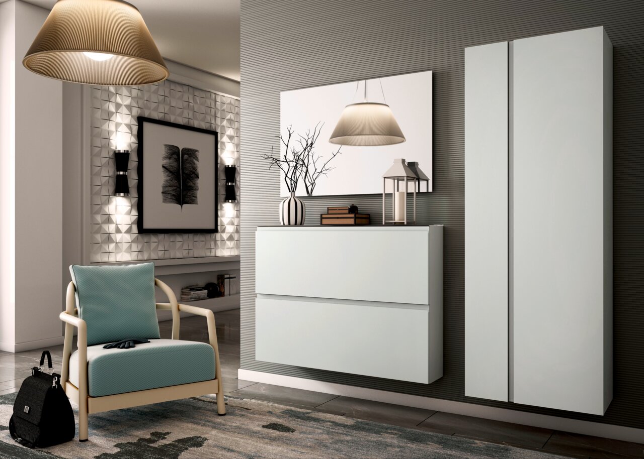 Moderne Garderobenset mit Hängeschuhschrank und Spiegel, seitliche Perspektive