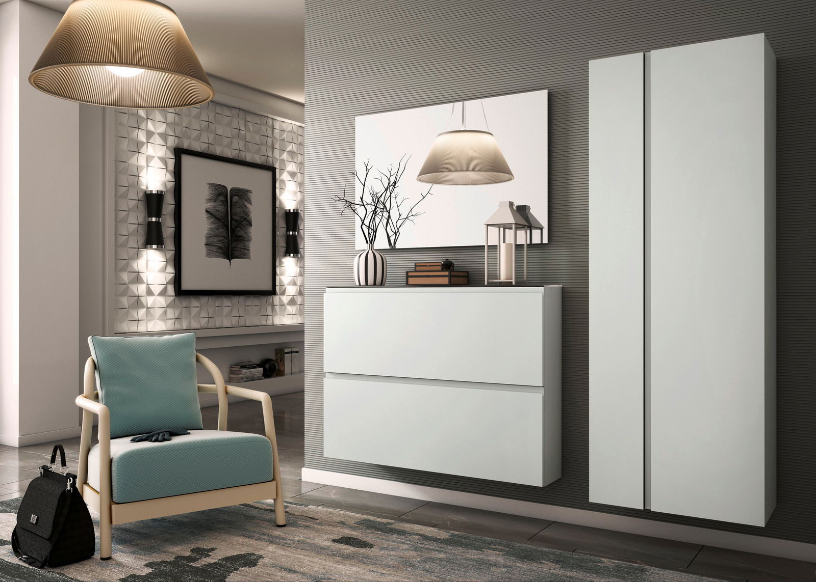 Moderne Garderobenset mit Hängeschuhschrank und Spiegel, seitliche Perspektive