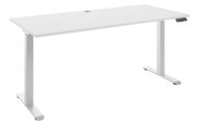 Weißer E-Schreibtisch mit rechteckiger Tischplatte und höhenverstellbaren Beinen, seitliche Perspektive