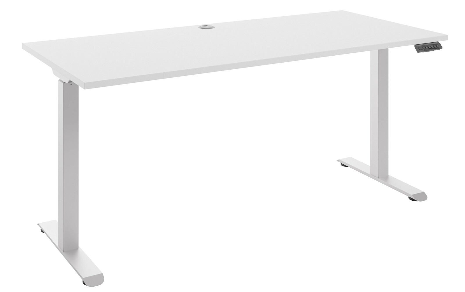 Weißer E-Schreibtisch mit rechteckiger Tischplatte und höhenverstellbaren Beinen, seitliche Perspektive
