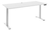 Weißer E-Schreibtisch mit rechteckiger Tischplatte und höhenverstellbaren Beinen, seitliche Perspektive