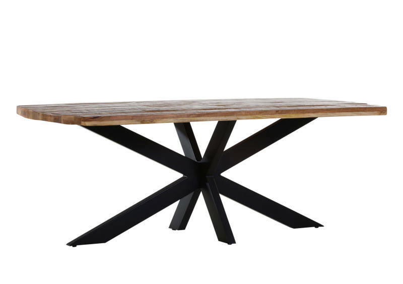 Moderner Esstisch mit Holzplatte und schwarzem Metallgestell, seitliche Perspektive