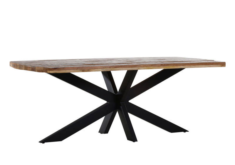 Moderner Esstisch mit Holzplatte und schwarzem Metallgestell, seitliche Perspektive