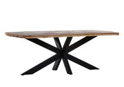 Moderne eettafel met houten blad en zwart metalen onderstel, zijaanzicht