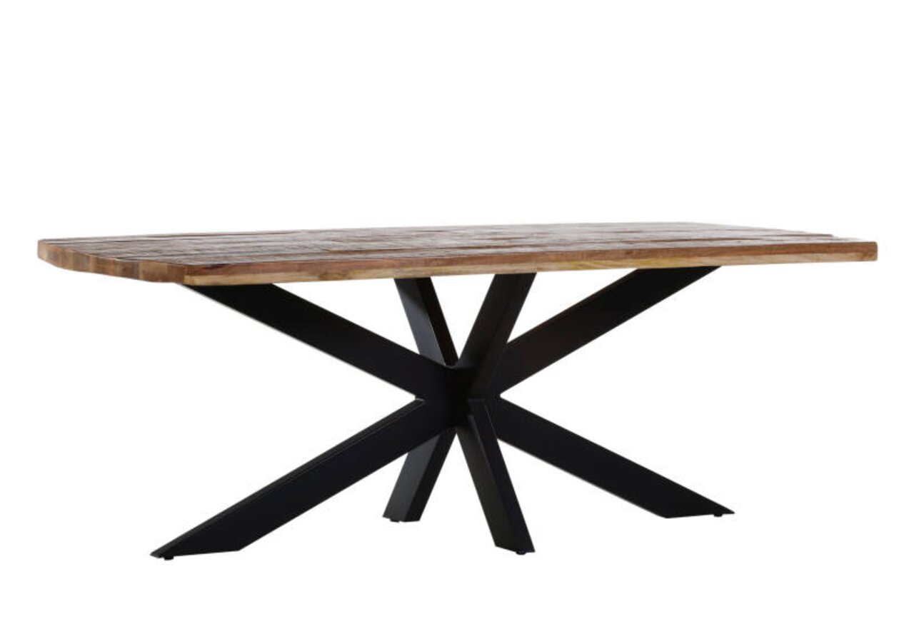 Moderne eettafel met houten blad en zwart metalen onderstel, zijaanzicht