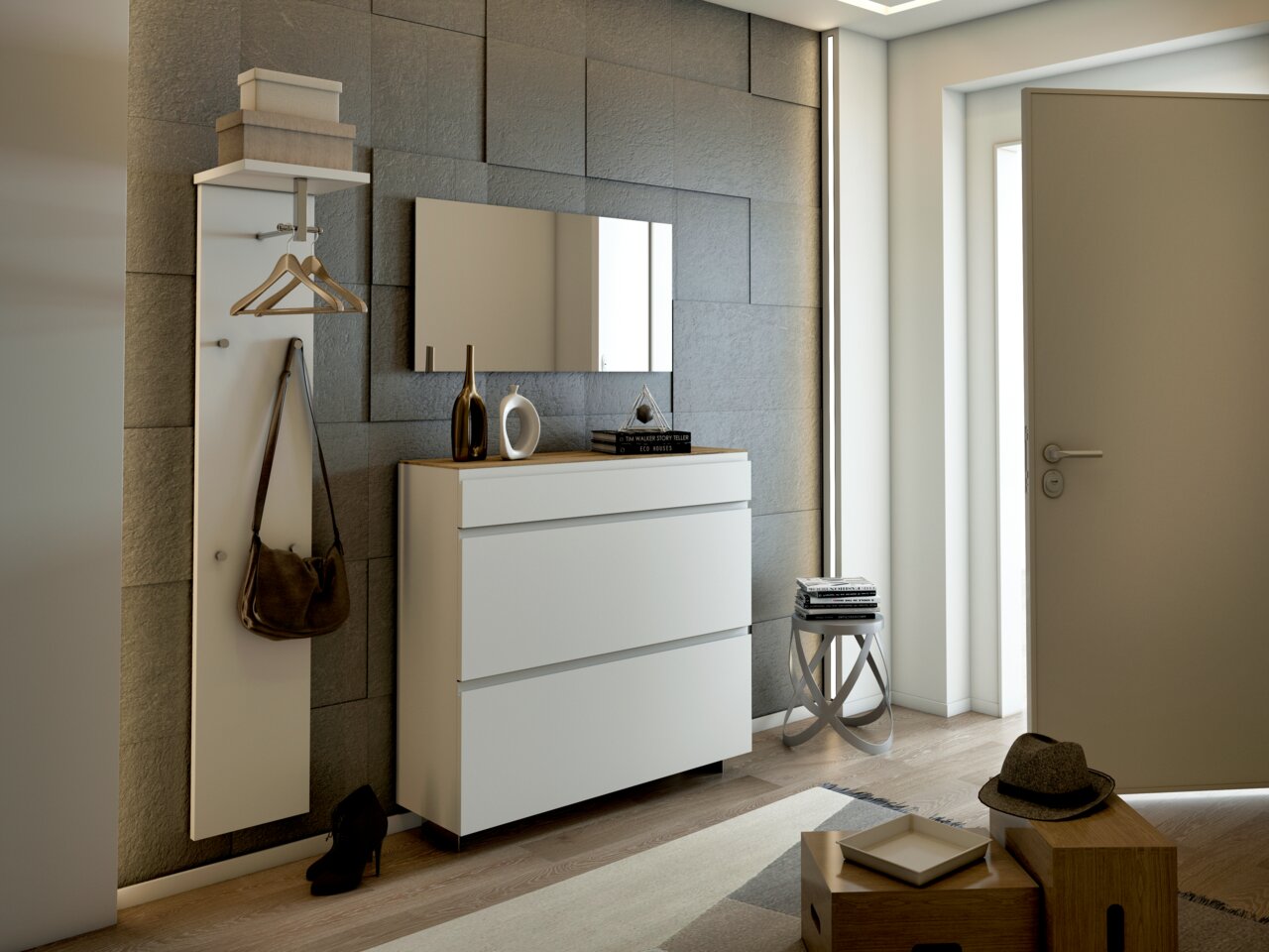 Moderano Garderoben-Set LECCO Moderner Eingangsbereich mit Garderobenset, bestehend aus einem weißen Schrank mit drei Schubladen und einer Wandgarderobe mit Haken und Ablage, seitliche Perspektive.