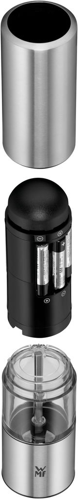 Elektrische Mühle in Einzelteilen, perspektivisch von oben nach unten gezeigt: Edelstahlgehäuse, Batteriefach und Mahlwerk.