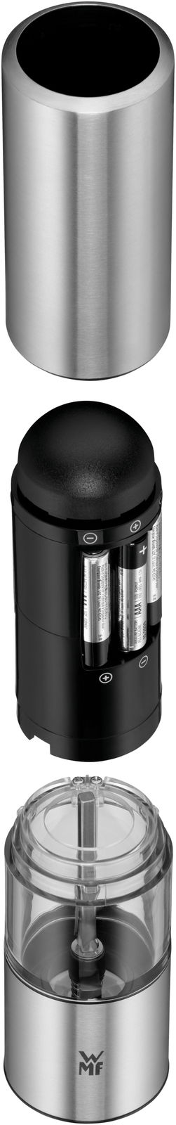 Elektrische Mühle in Einzelteilen, perspektivisch von oben nach unten gezeigt: Edelstahlgehäuse, Batteriefach und Mahlwerk.