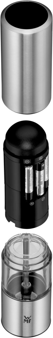 Elektrische Mühle in Einzelteilen, perspektivisch von oben nach unten gezeigt: Edelstahlgehäuse, Batteriefach und Mahlwerk.