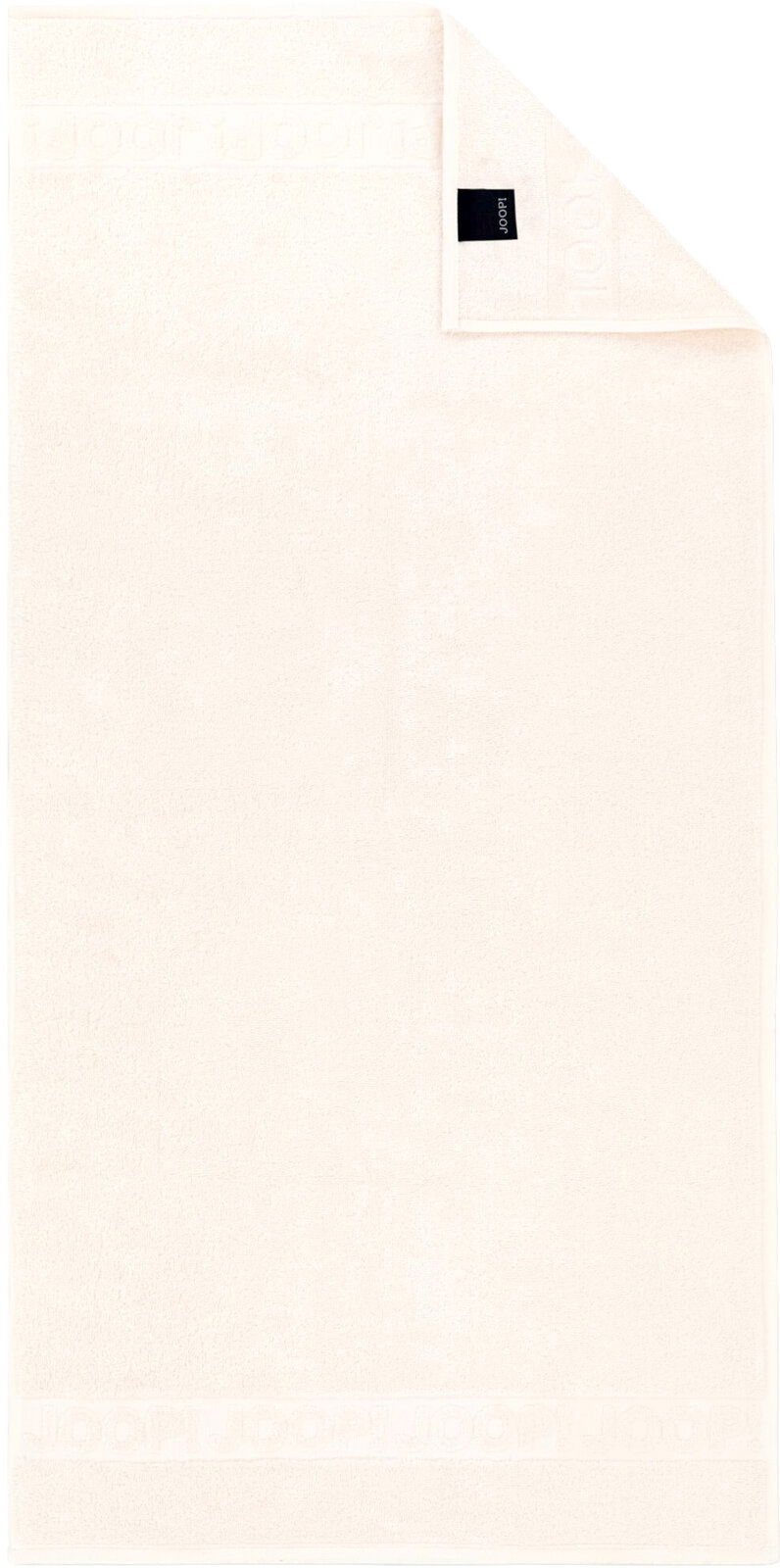 Cremefarbenes Joop! Handtuch mit eingewebtem Logo-Bordürenstreifen und schwarzem Markenlabel, flach ausgebreitet in Draufsicht (Top-Down) auf weißem Hintergrund, Ecke umgeschlagen