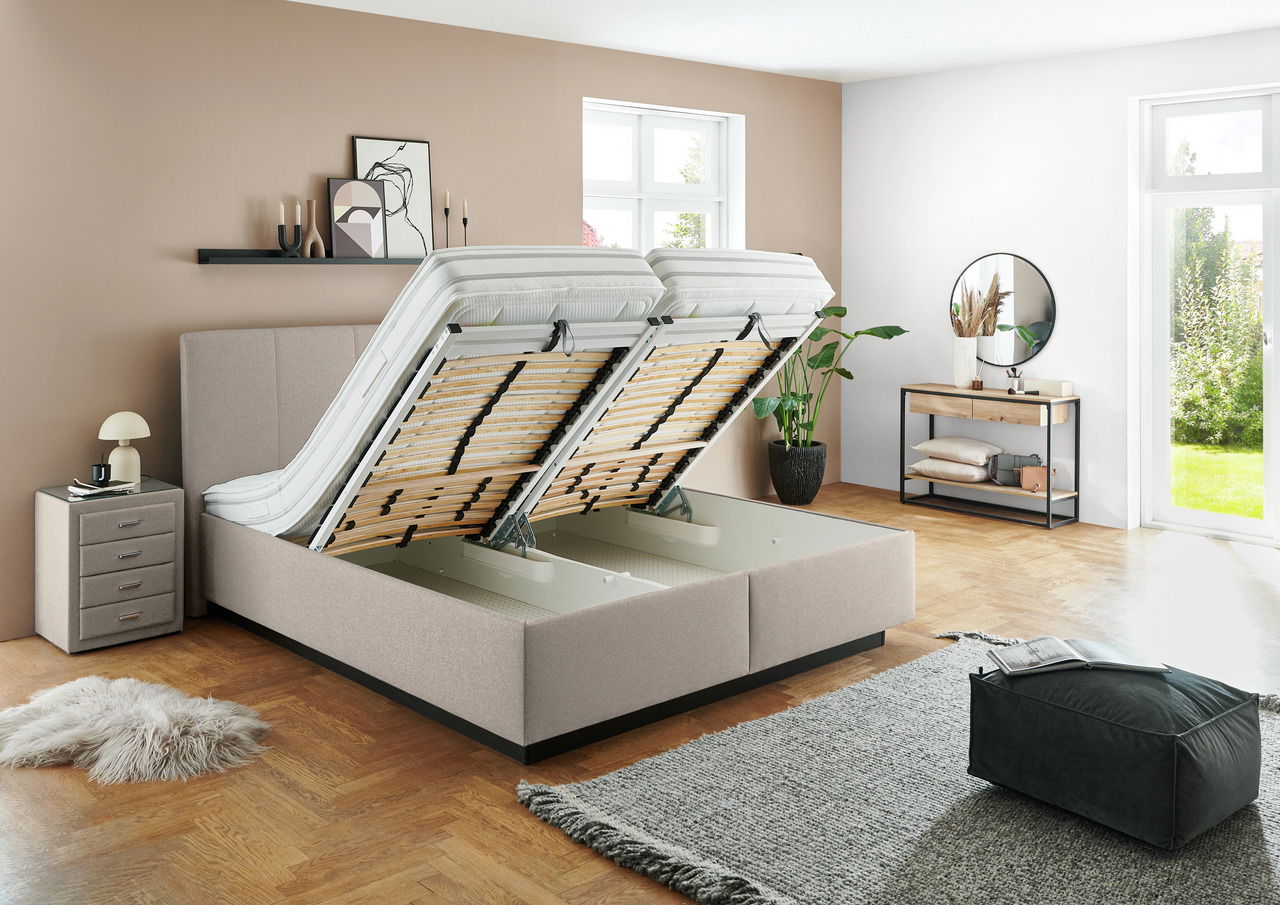 Polsterbett mit hochgeklappter Matratze und Stauraum, seitliche Perspektive