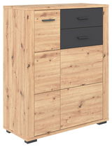 Moderner Schuhschrank aus Holz mit zwei schwarzen Schubladen, seitliche Perspektive