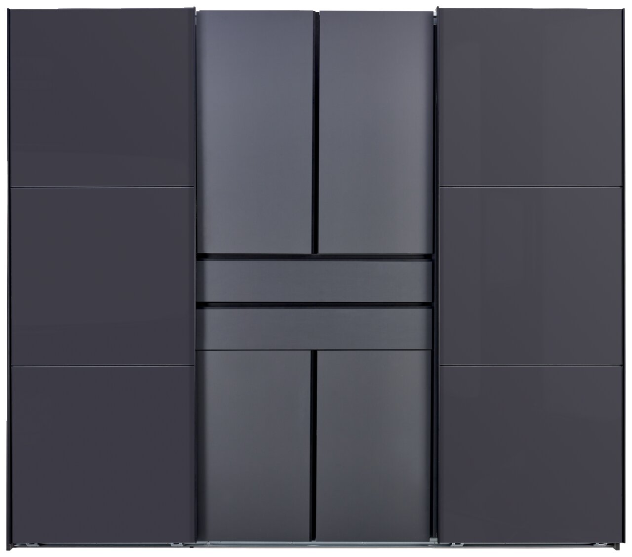 Großer, moderner Kleiderschrank in Dunkelgrau/Anthrazit mit mehreren Türen und mittigen Schubladen, Frontansicht