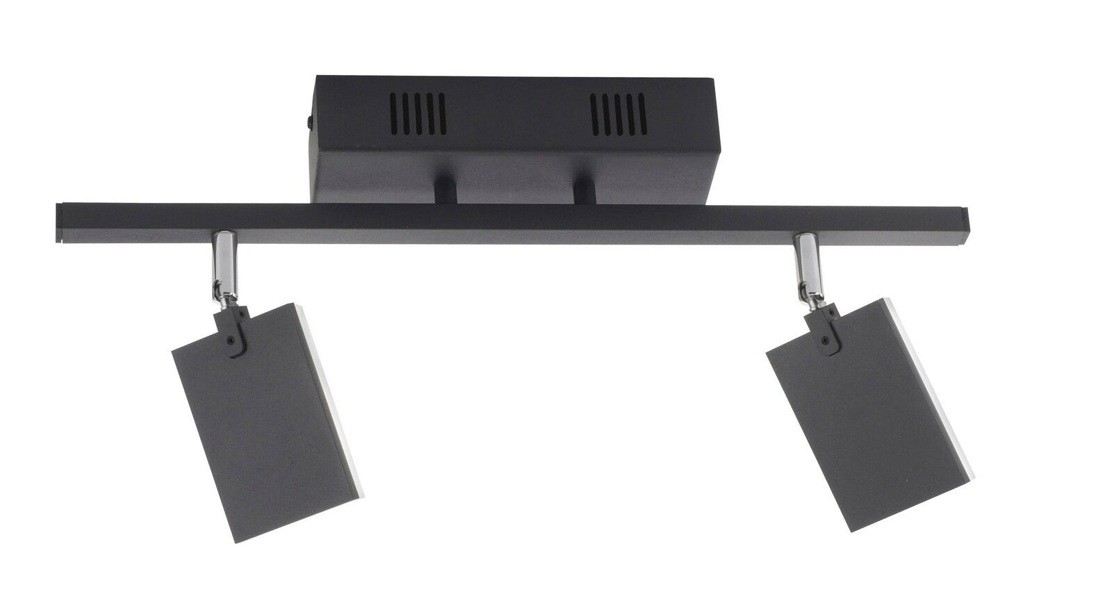 Moderne schwarze Deckenleuchte mit zwei rechteckigen Strahlern, Ansicht von unten.