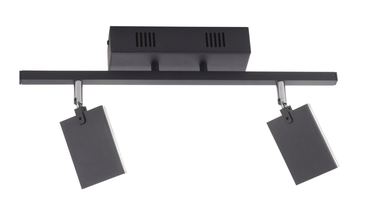 Moderne schwarze Deckenleuchte mit zwei rechteckigen Strahlern, Ansicht von unten.