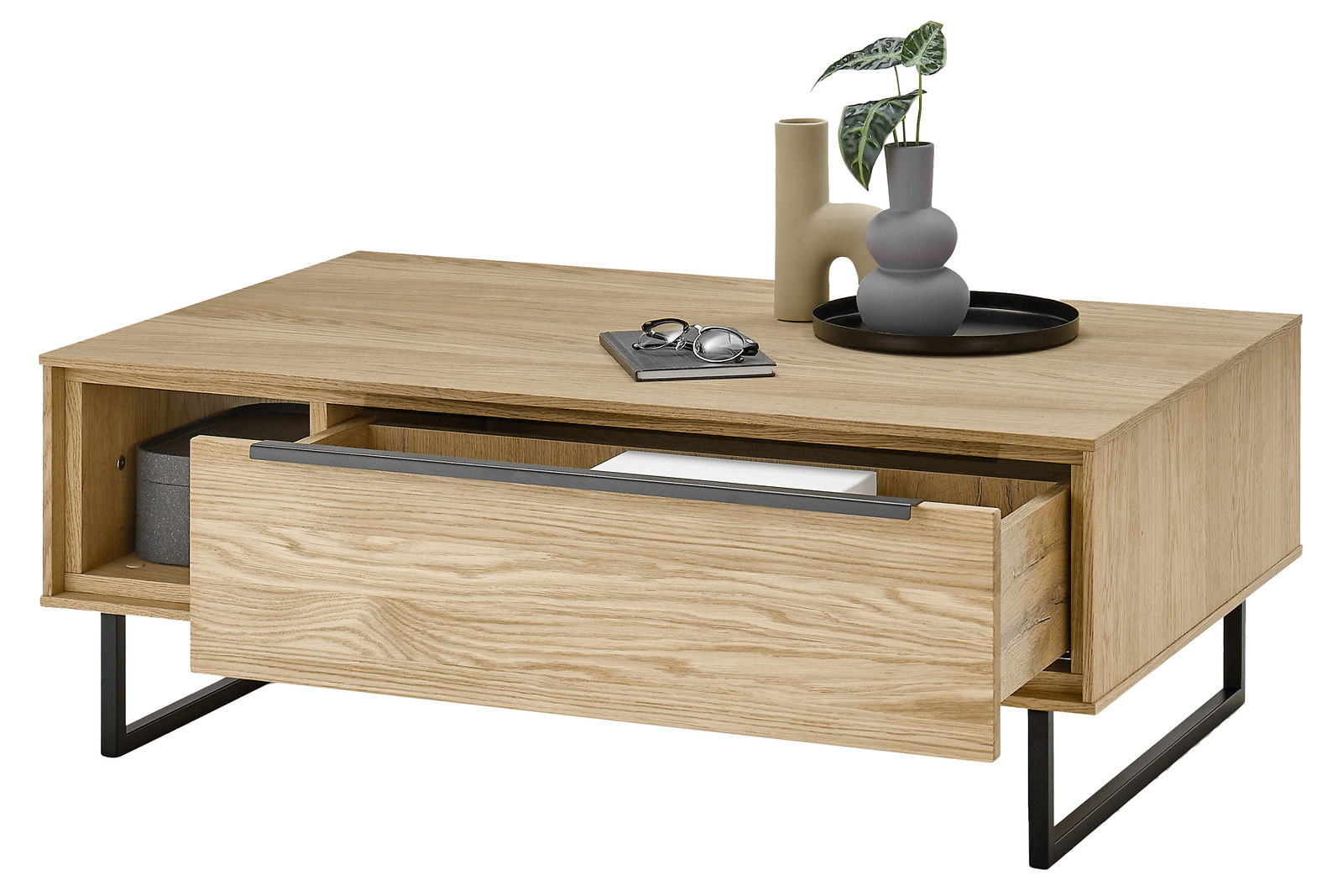 Moderner Couchtisch aus Holz mit Schublade und Metallbeinen, seitliche Perspektive