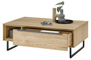 Moderner Couchtisch aus Holz mit Schublade und Metallbeinen, seitliche Perspektive
