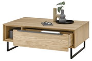 Moderne houten salontafel met lade en metalen poten, zijaanzicht