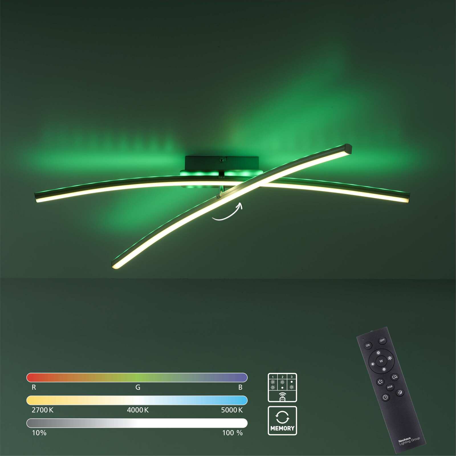 Moderne Deckenleuchte ALINA mit geschwungenem Design und Fernbedienung, seitliche Perspektive