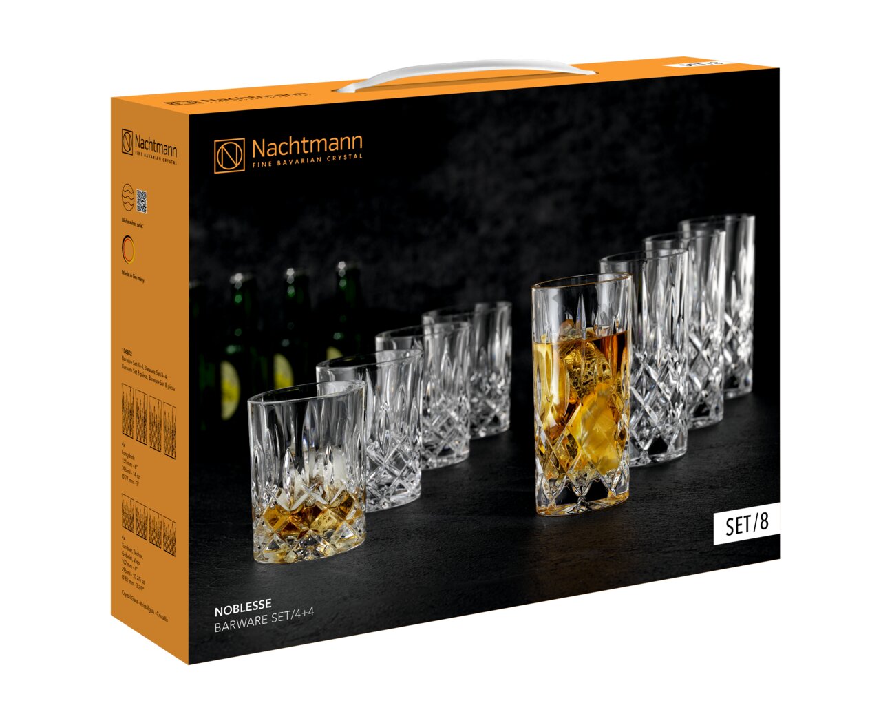 Nachtmann Noblesse baraccessoireset, 8-delig (4 tumblerglazen en 4 longdrinkglazen) in de verpakking, schuin van linksvoor gefotografeerd