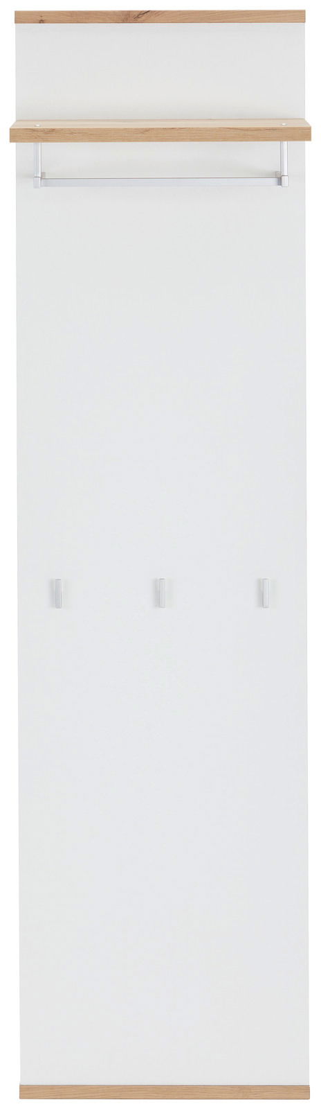 Frontale Ansicht eines langen Garderobenpaneels mit weißer Oberfläche, einer oberen Ablage aus Holz und drei Haken.