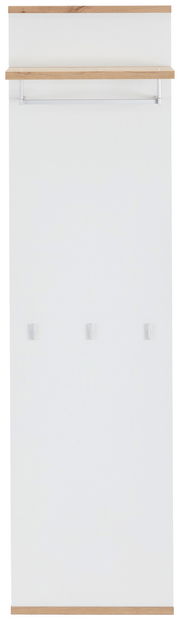 Frontale Ansicht eines langen Garderobenpaneels mit weißer Oberfläche, einer oberen Ablage aus Holz und drei Haken.