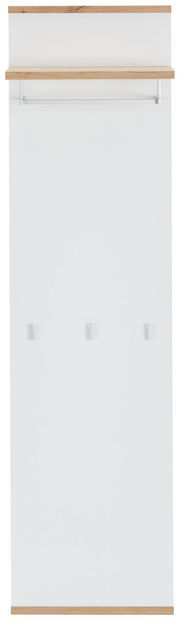 Frontale Ansicht eines langen Garderobenpaneels mit weißer Oberfläche, einer oberen Ablage aus Holz und drei Haken.