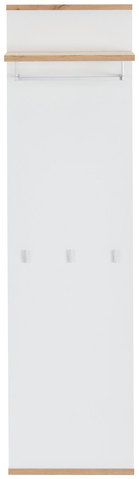 Frontale Ansicht eines langen Garderobenpaneels mit weißer Oberfläche, einer oberen Ablage aus Holz und drei Haken.