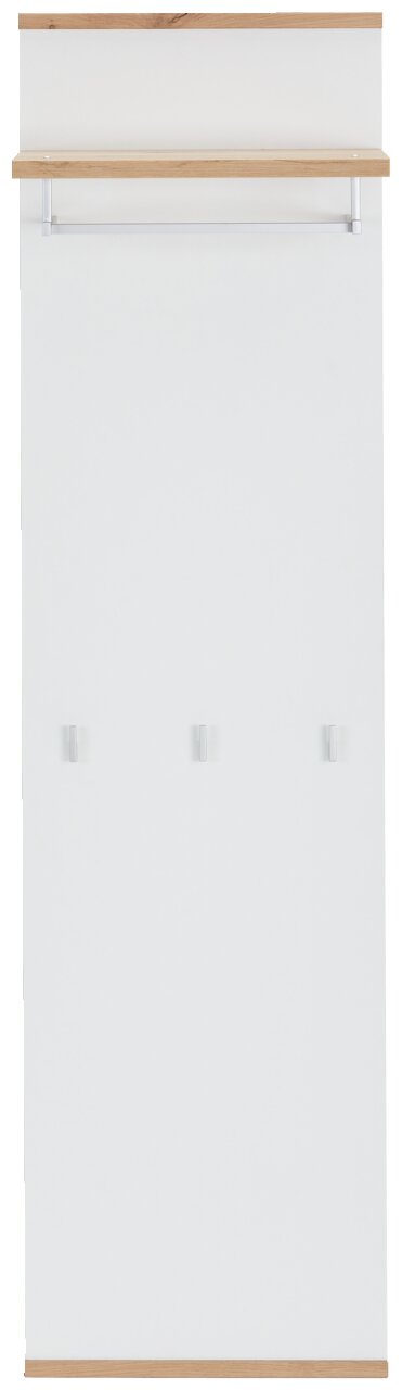 Frontale Ansicht eines langen Garderobenpaneels mit weißer Oberfläche, einer oberen Ablage aus Holz und drei Haken.