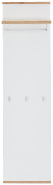 Frontale Ansicht eines langen Garderobenpaneels mit weißer Oberfläche, einer oberen Ablage aus Holz und drei Haken.