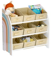 Kinder-Regal mit 9 Boxen, gefüllt mit Spielzeug und Büchern, seitliche Regenbogenverzierung, frontale Perspektive