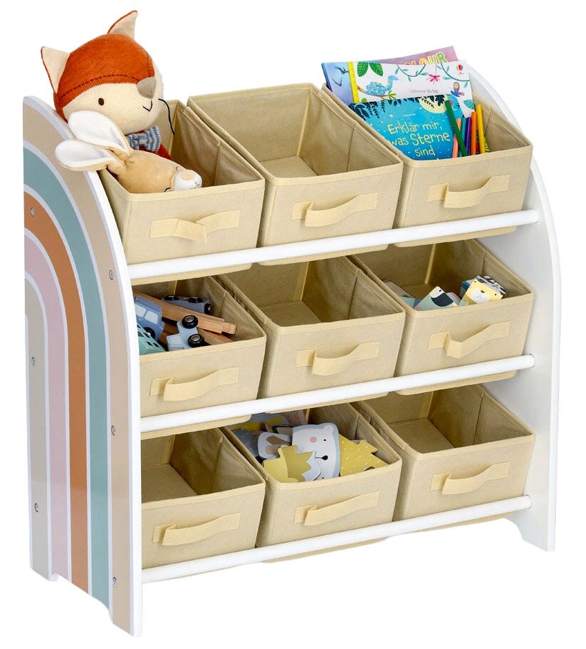 Kinder-Regal mit 9 Boxen, gefüllt mit Spielzeug und Büchern, seitliche Regenbogenverzierung, frontale Perspektive